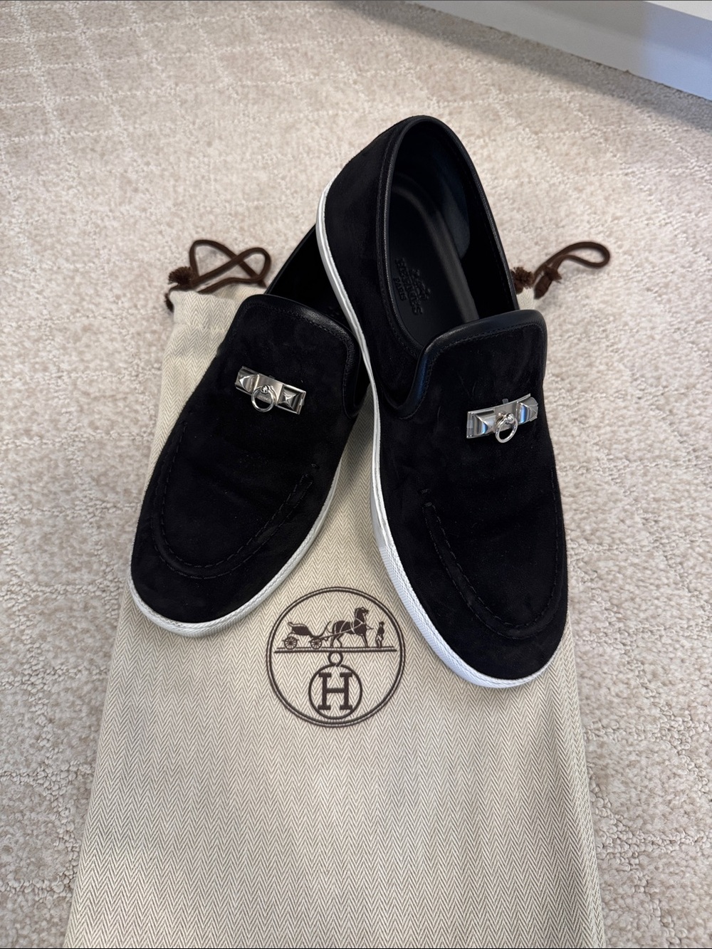 Hermes Black Jour Suede Loafers with Silver Hardware sz 38.5